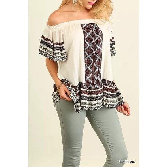 Umgee Top Size M Off Shoulder Western Bohemian Tribal Relaxed Tunic Womens Shirt - Picture 4 of 4